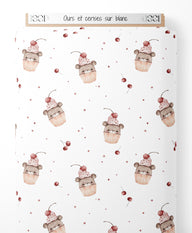 Tissu - Ours et cerises sur blanc