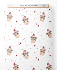 Tissu - Ours et cerises sur blanc