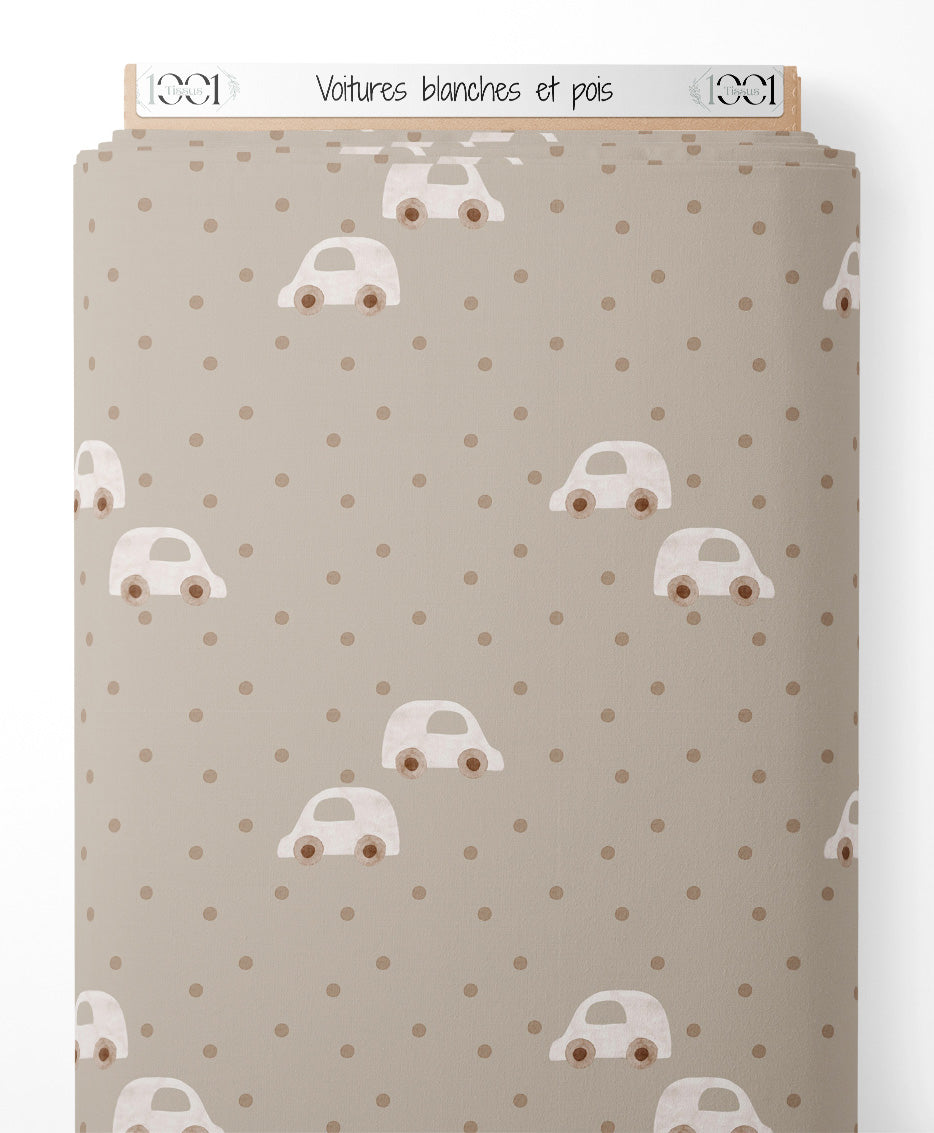 Tissu - Voitures blanches et pois