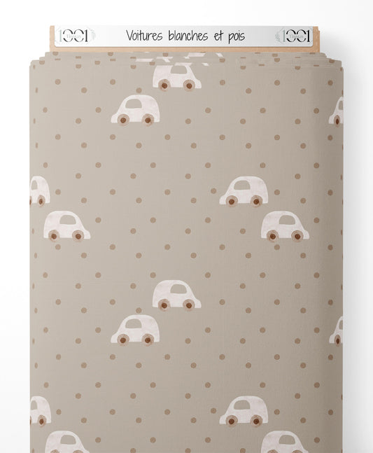 Tissu - Voitures blanches et pois
