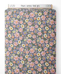 Tissu - Fleurs variées sur fond gris