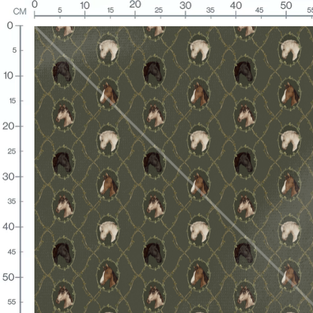 Tissu - Portraits de chevaux sur fond vert