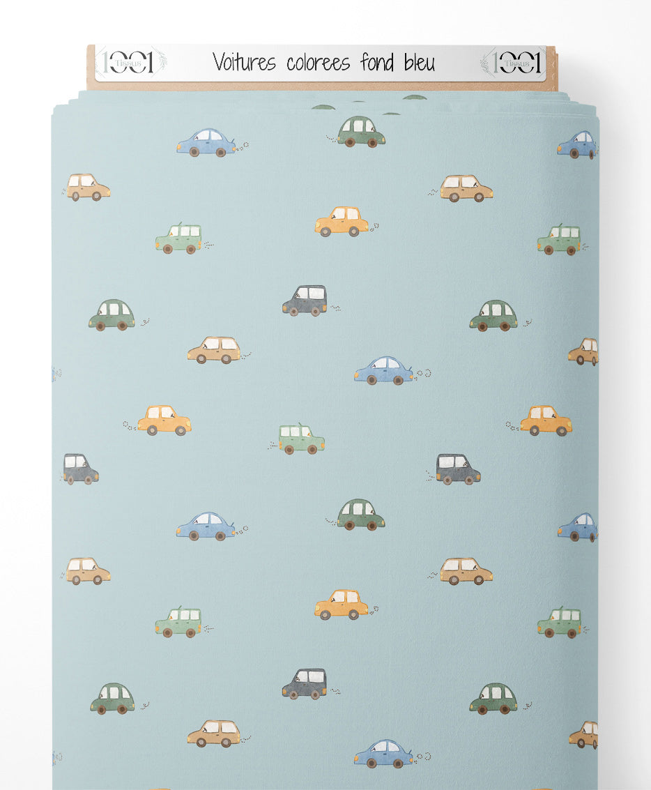 Tissu - Voitures colorées sur fond bleu