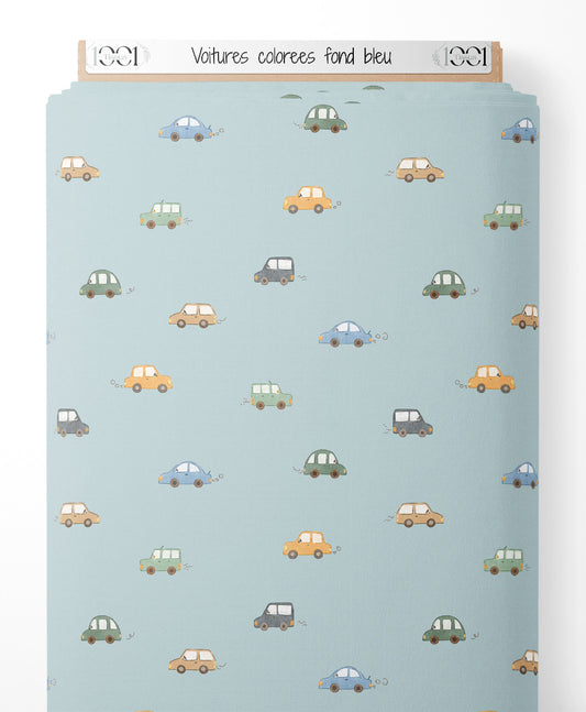 Tissu - Voitures colorées sur fond bleu