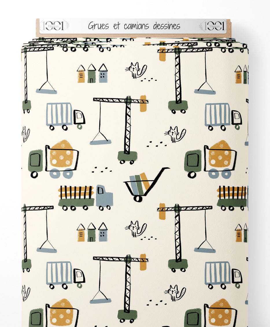 Tissu - Grues et camions dessinés