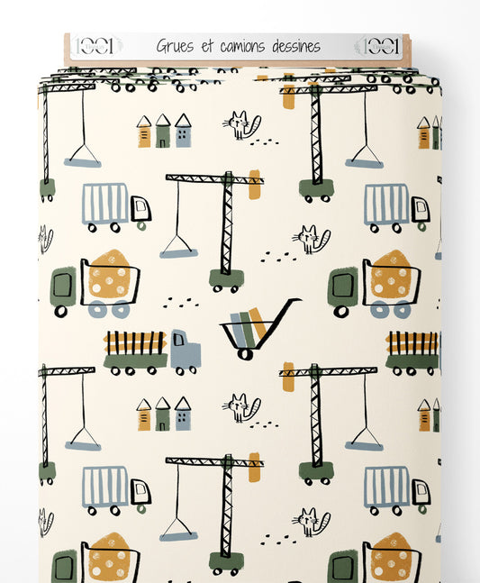 Tissu - Grues et camions dessinés