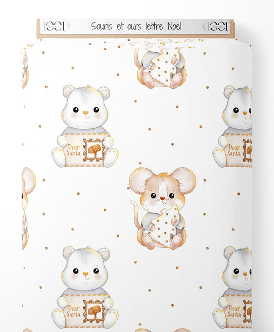Tissu - Souris et ours lettre Noël