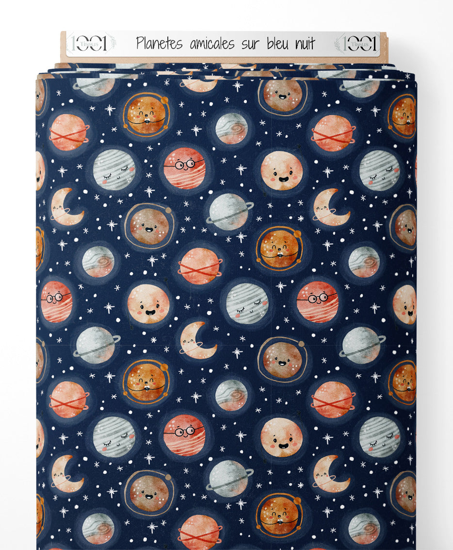 Tissu - Planètes amicales sur bleu nuit