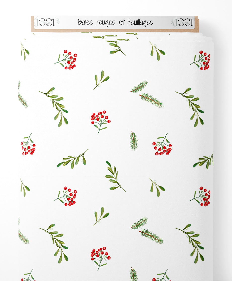 Tissu - Baies rouges et feuillages