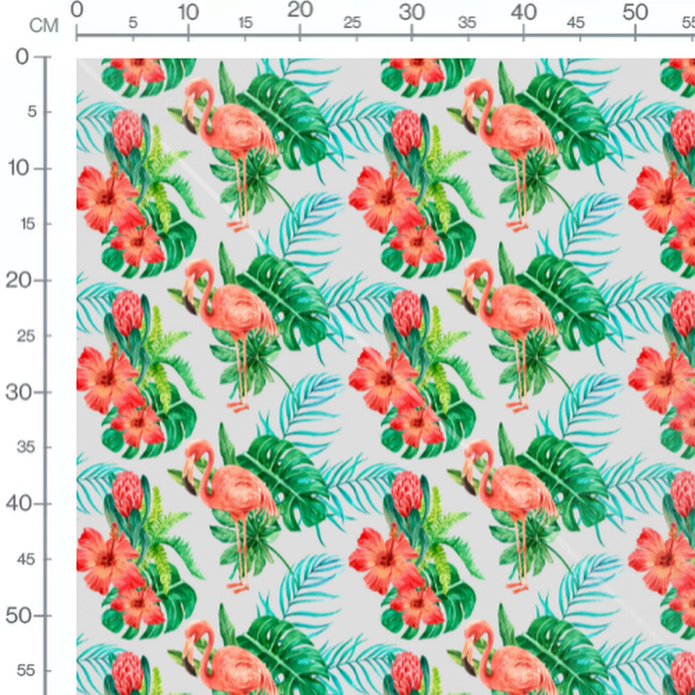 Tissu - Flamants roses et fleurs rouges