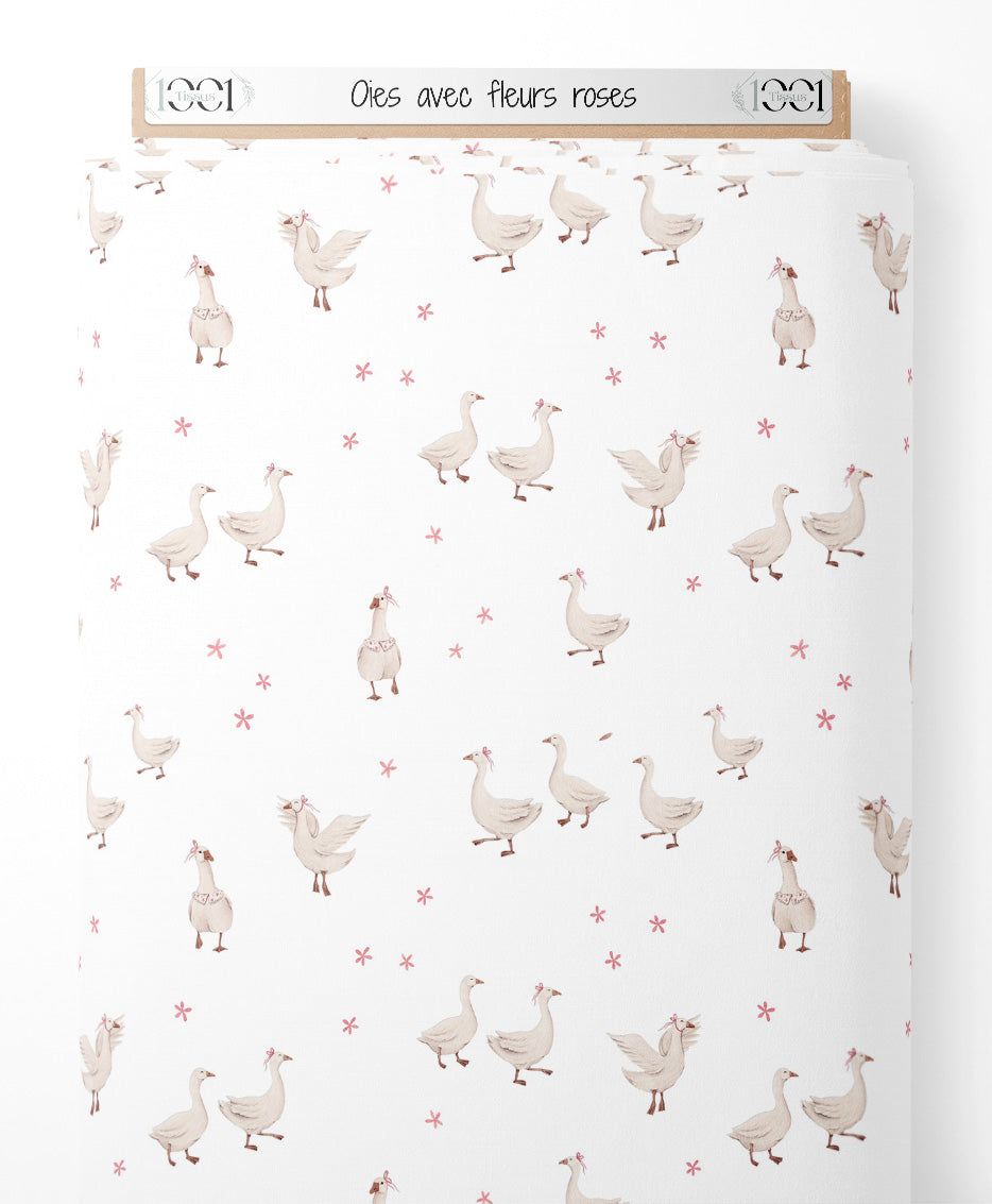 Tissu - Oies avec fleurs roses