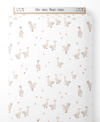 Tissu - Oies avec fleurs roses