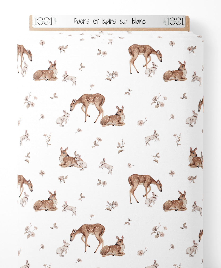Tissu - Faons et lapins sur blanc