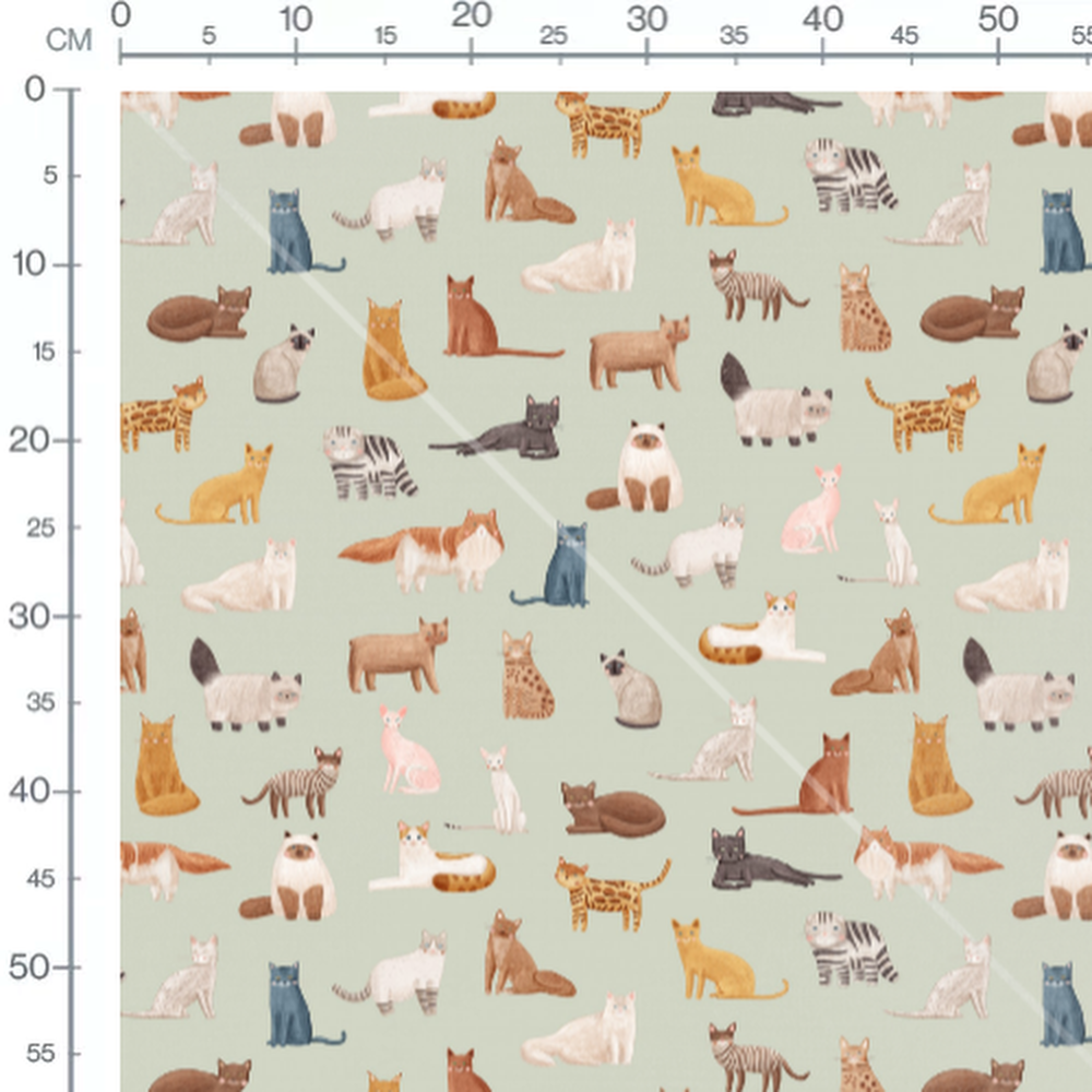 Tissu - Chats colorés sur fond vert