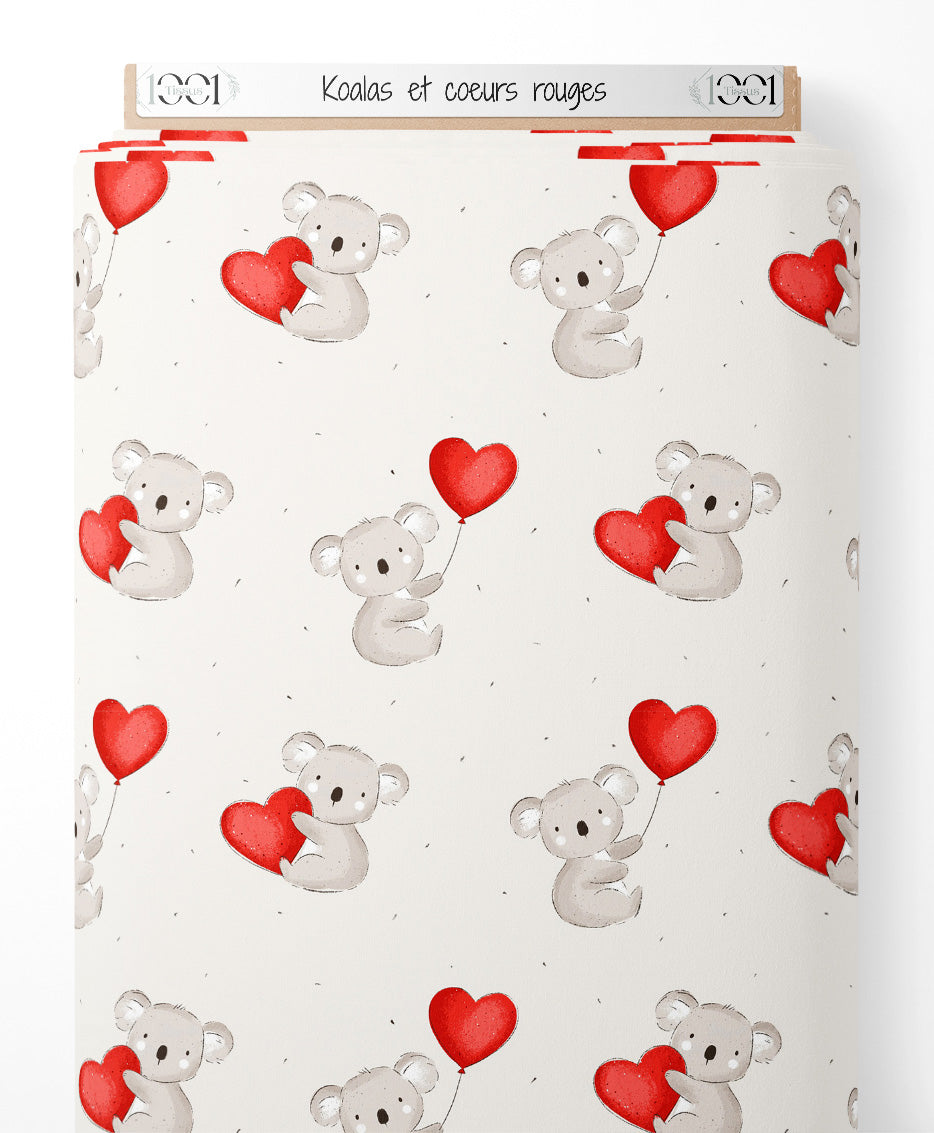 Tissu - Koalas et cœurs rouges