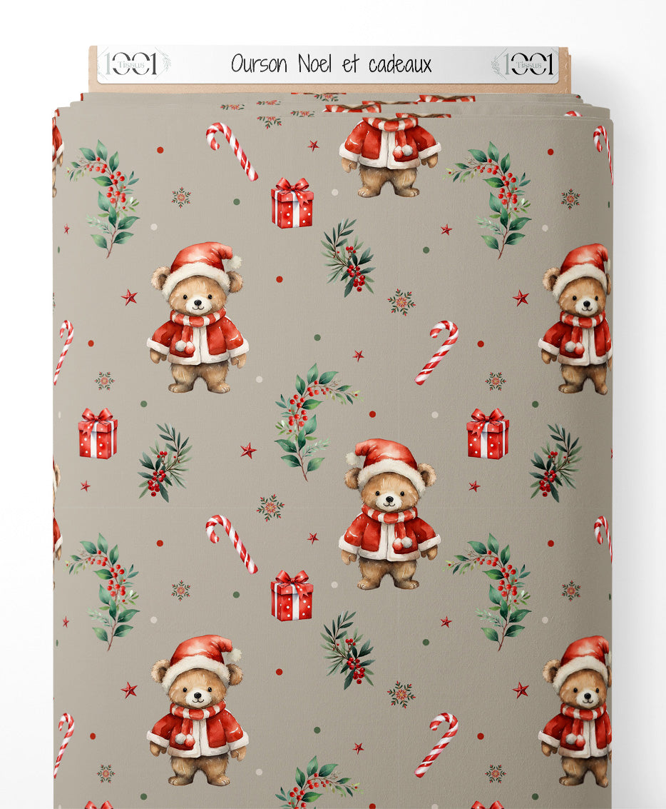 Tissu - Ourson Noël et cadeaux