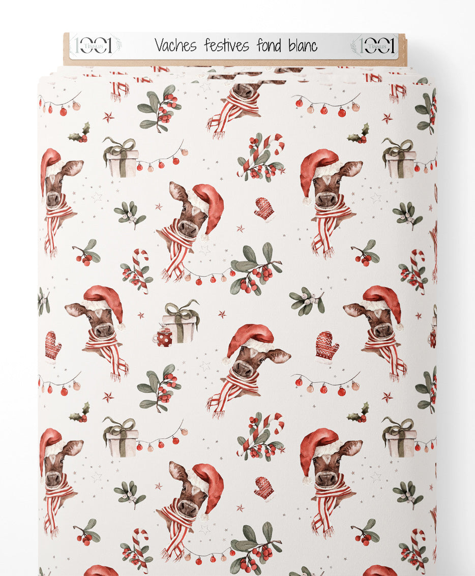 Tissu - Vaches festives sur fond blanc