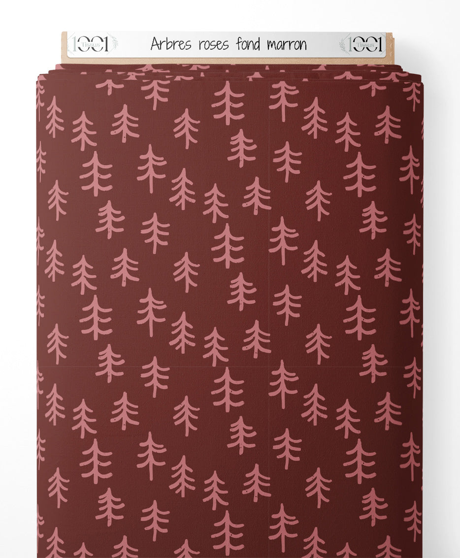 Tissu - Arbres roses sur fond marron