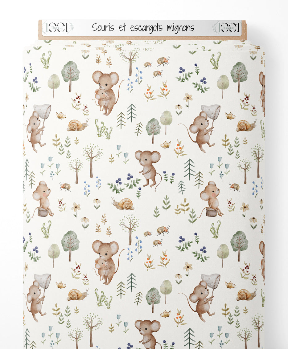 Tissu - Souris et escargots mignons
