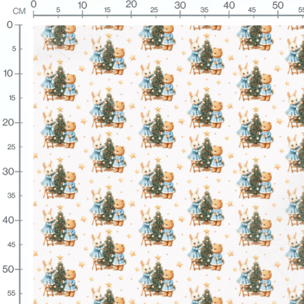 Tissu - Lapin et ours décorant sapin