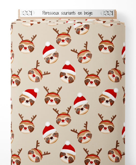 Tissu - Paresseux souriants en beige
