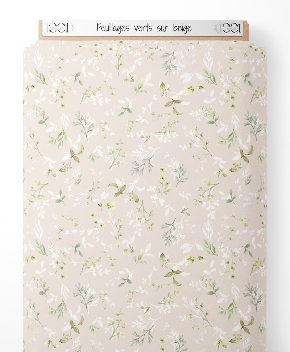 Tissu - Feuillages verts sur beige