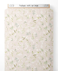 Tissu - Feuillages verts sur beige