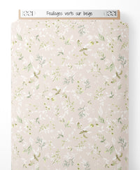Tissu - Feuillages verts sur beige