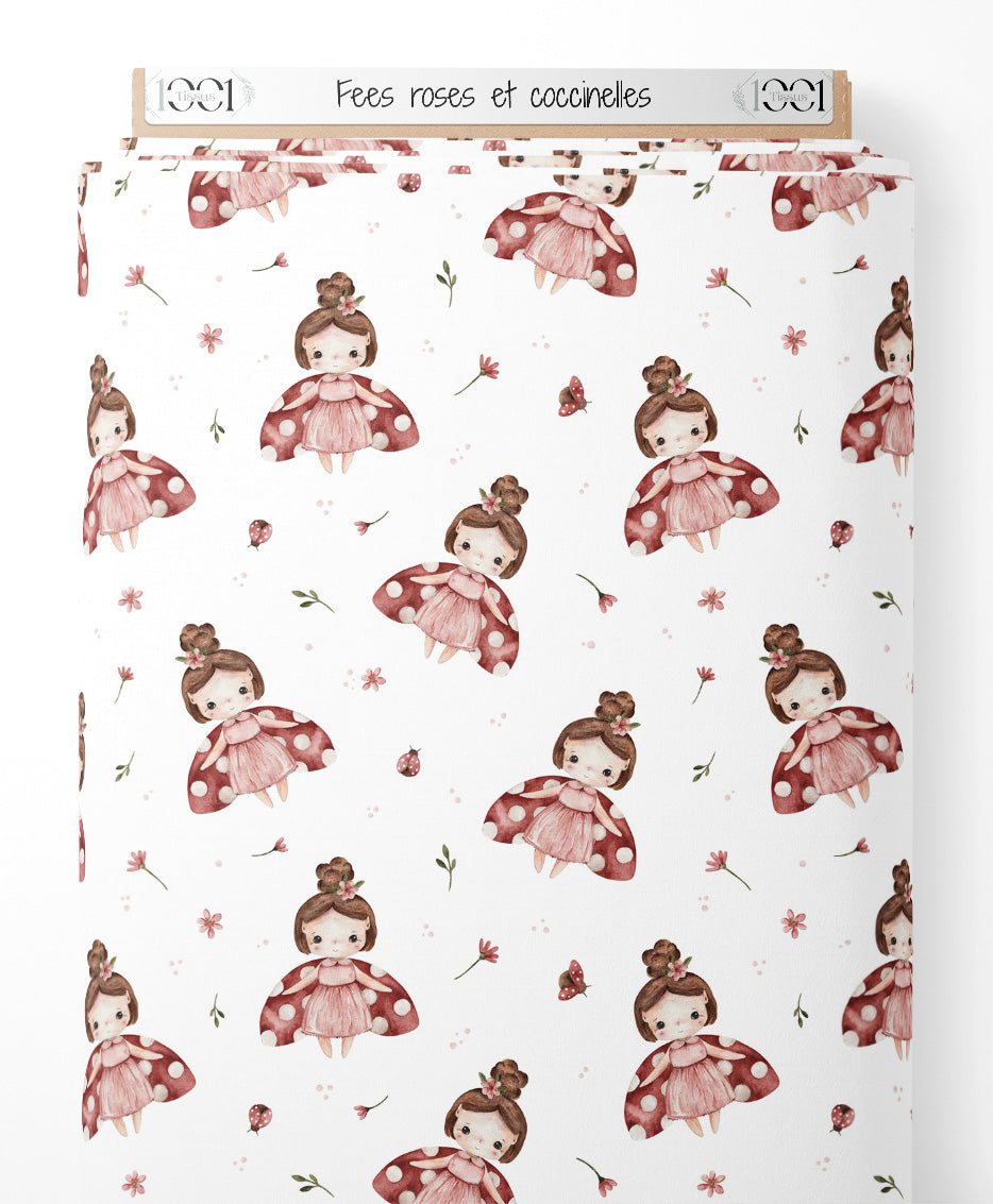 Tissu - Fées roses et coccinelles