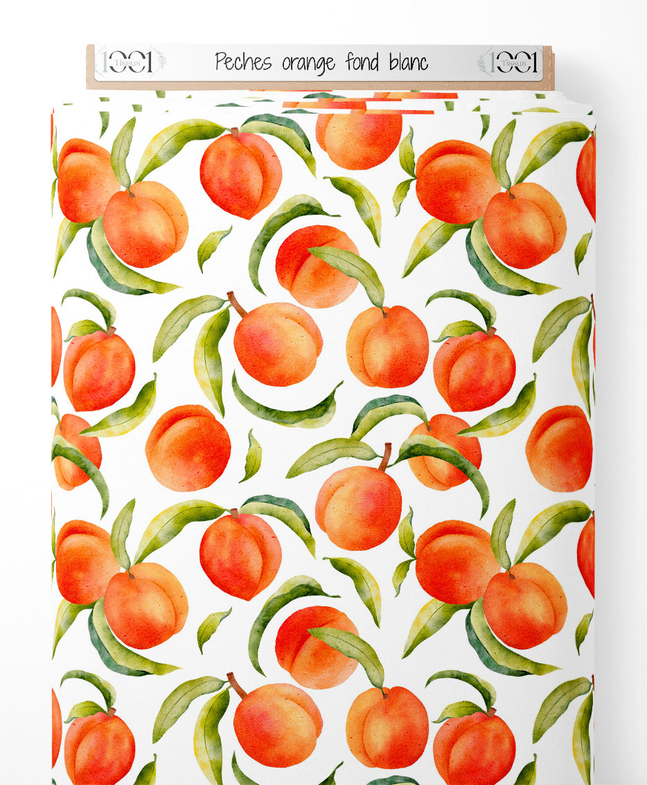 Tissu - Pêches orange sur fond blanc