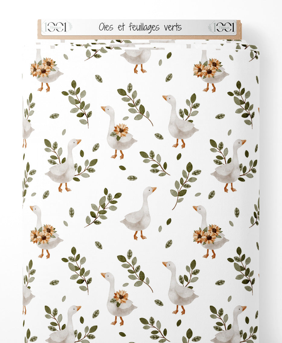 Tissu - Oies et feuillages verts