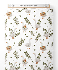 Tissu - Oies et feuillages verts