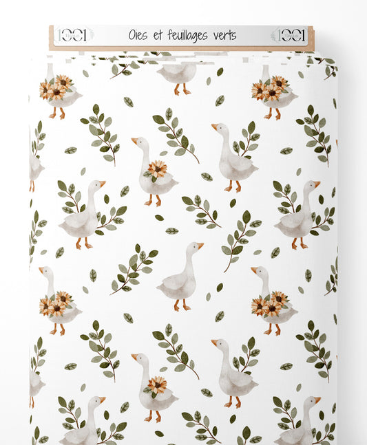 Tissu - Oies et feuillages verts