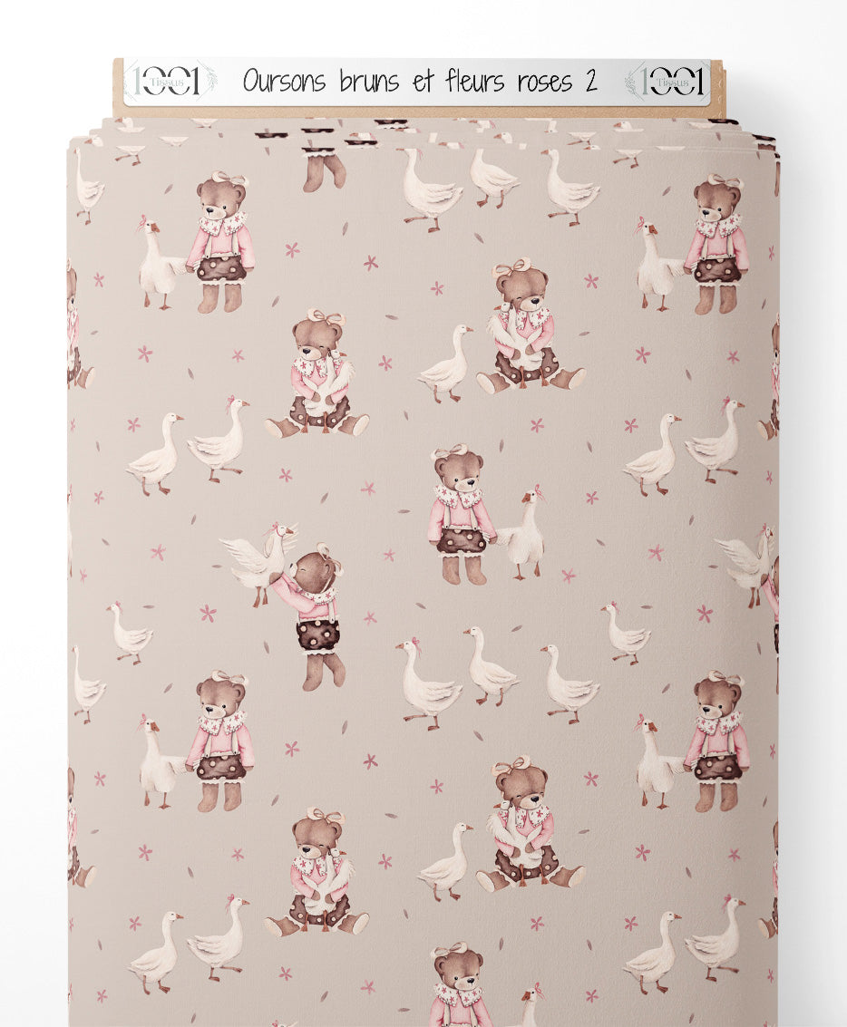 Tissu - Oursons bruns et fleurs roses 2