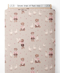 Tissu - Oursons bruns et fleurs roses 2