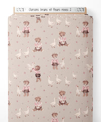 Tissu - Oursons bruns et fleurs roses 2