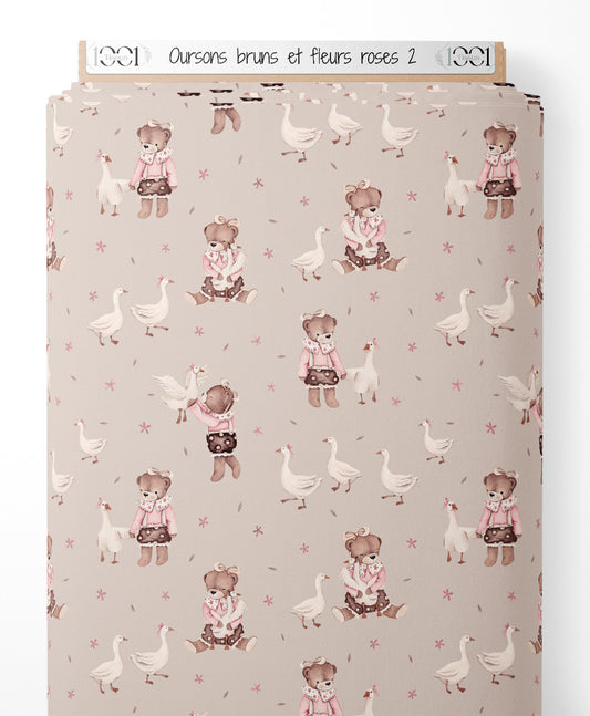 Tissu - Oursons bruns et fleurs roses 2