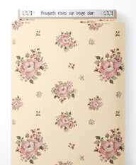 Tissu - Bouquets roses sur beige clair