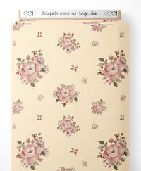 Tissu - Bouquets roses sur beige clair