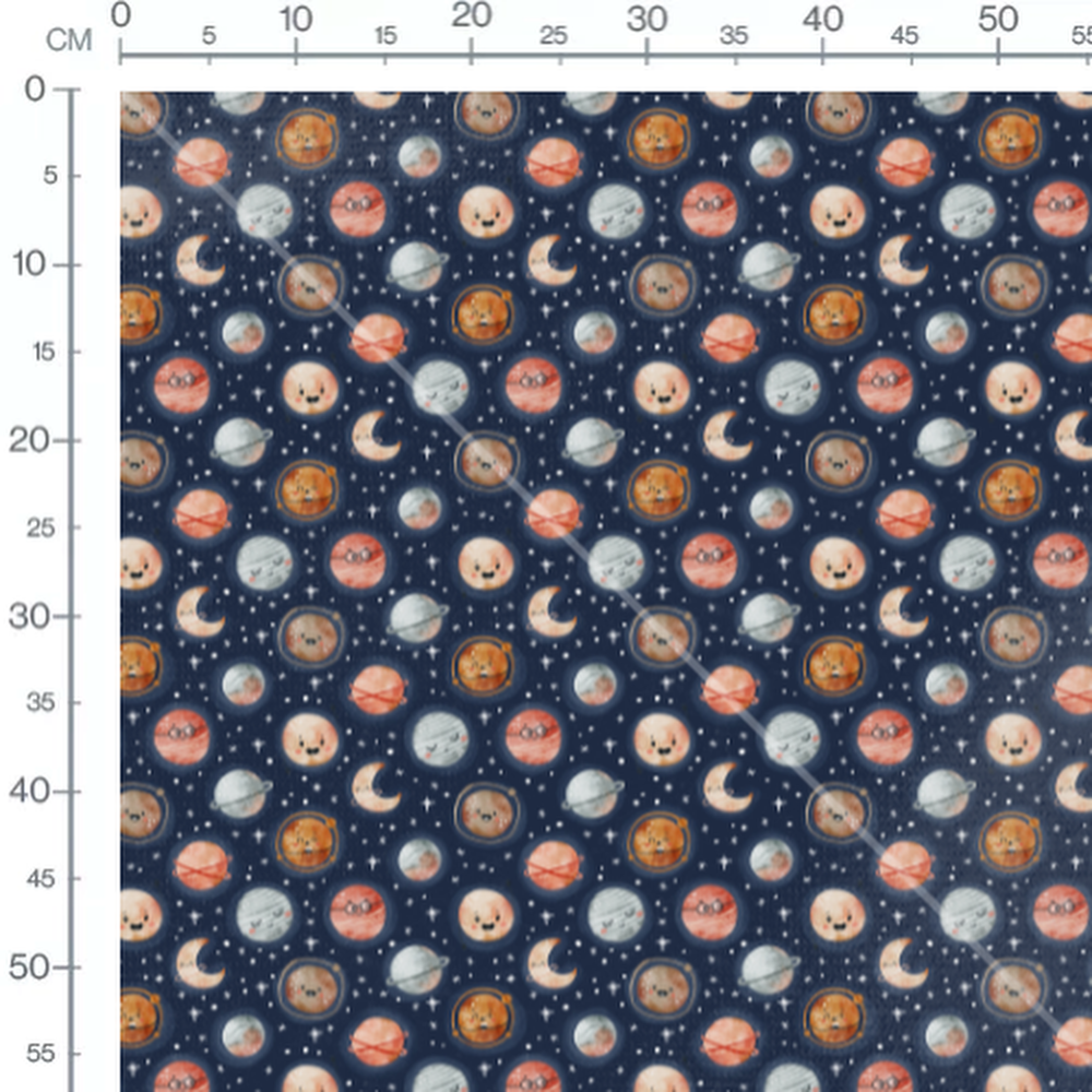 Tissu - Planètes amicales sur bleu nuit