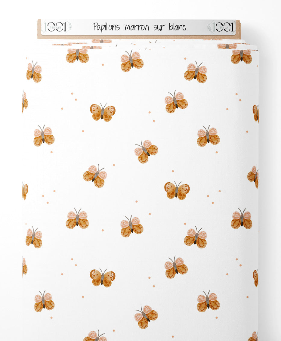 Tissu - Papillons marron sur blanc