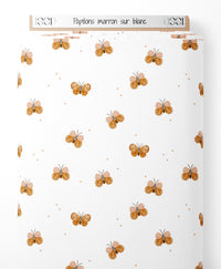 Tissu - Papillons marron sur blanc