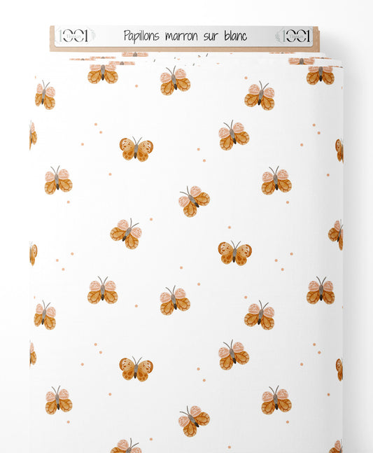 Tissu - Papillons marron sur blanc