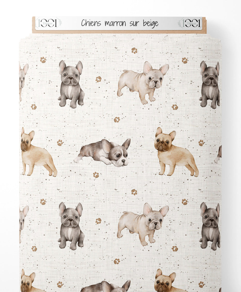 Tissu - Chiens marron sur beige