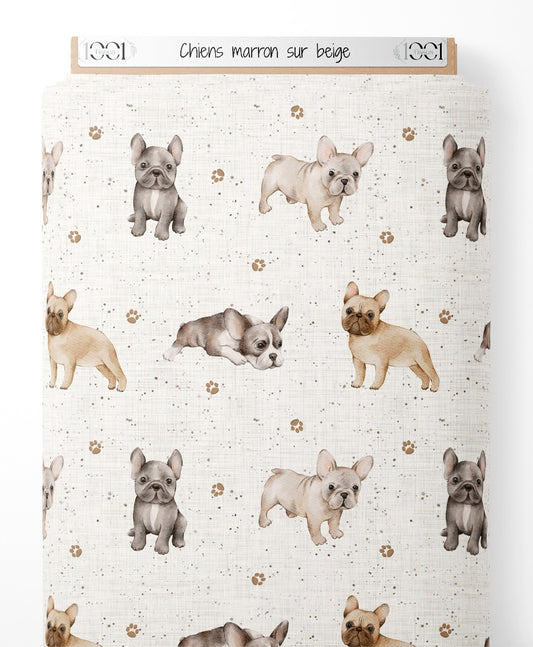 Tissu - Chiens marron sur beige