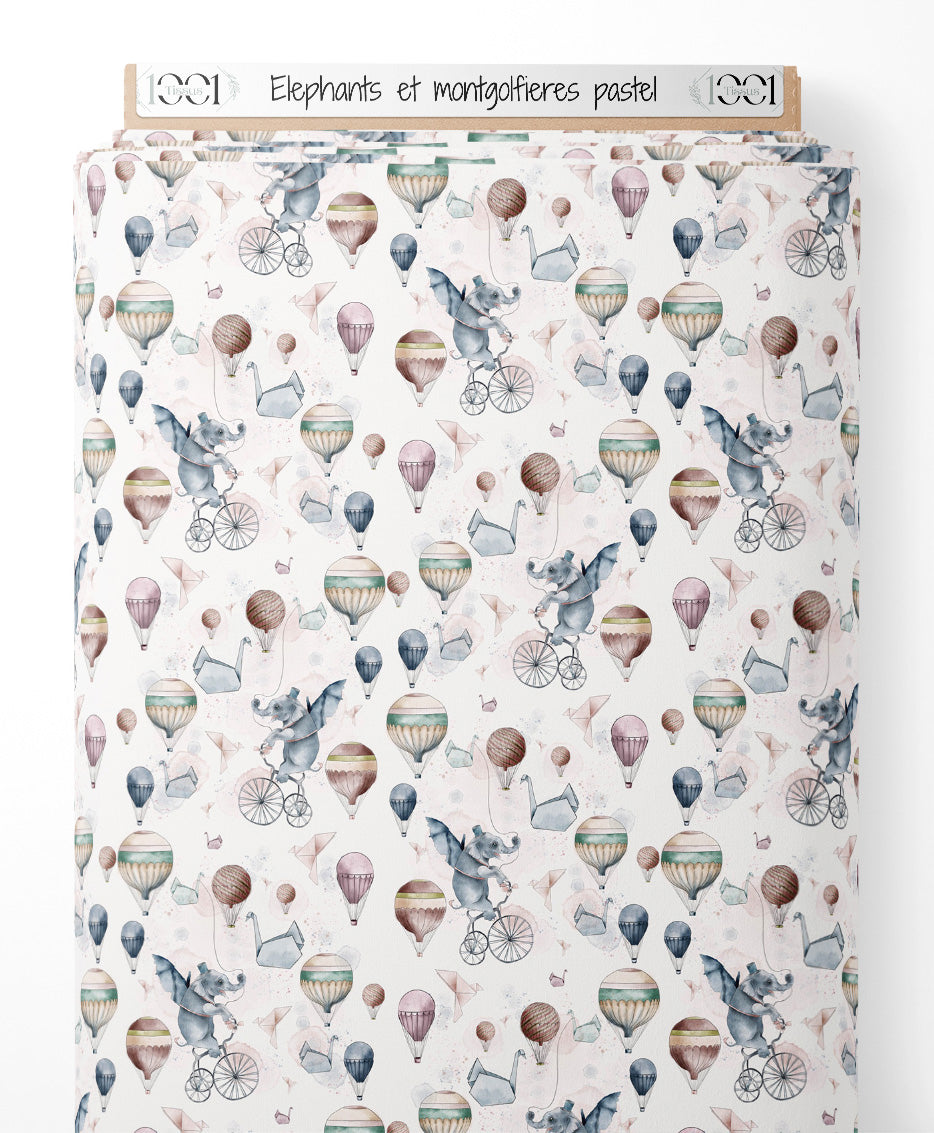 Tissu - Éléphants et montgolfières pastel