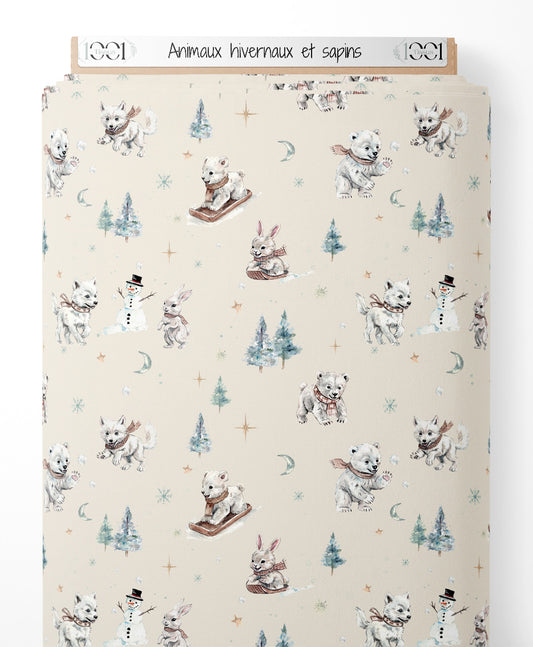 Tissu - Animaux hivernaux et sapins