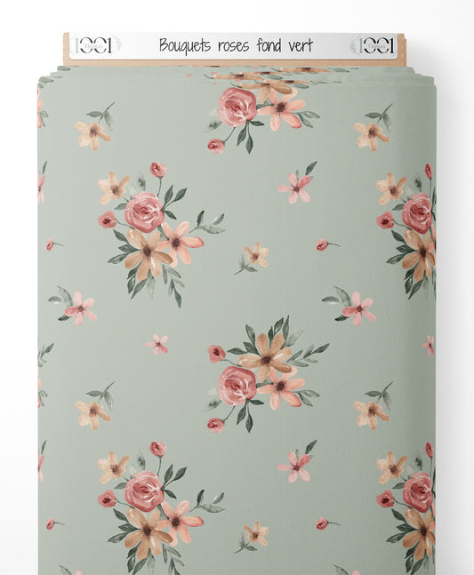 Tissu - Bouquets roses sur fond vert