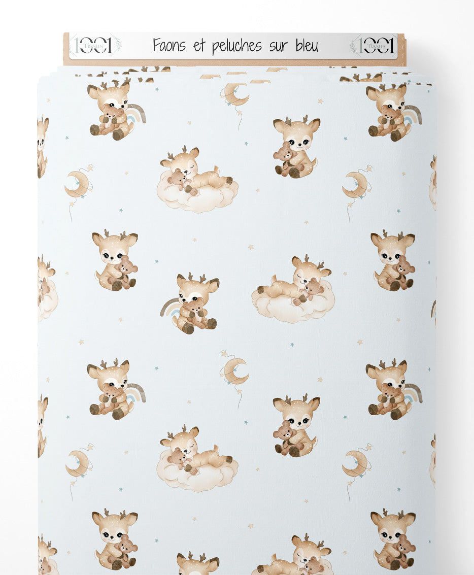Tissu - Faons et peluches sur bleu