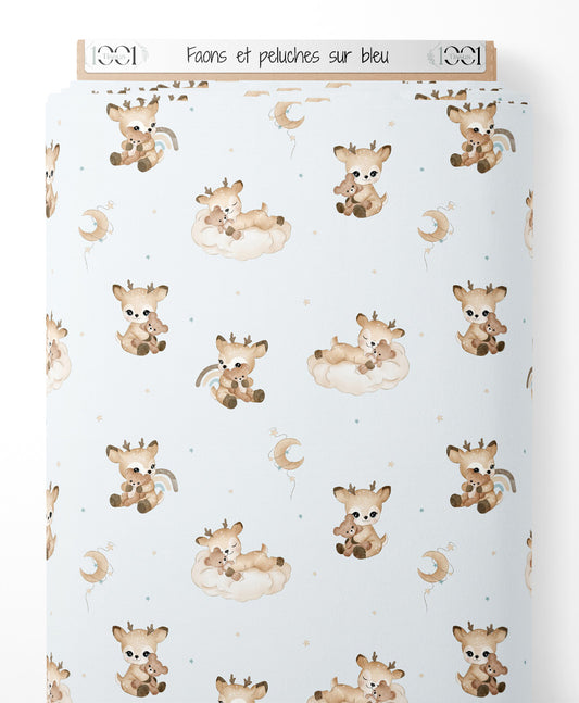 Tissu - Faons et peluches sur bleu